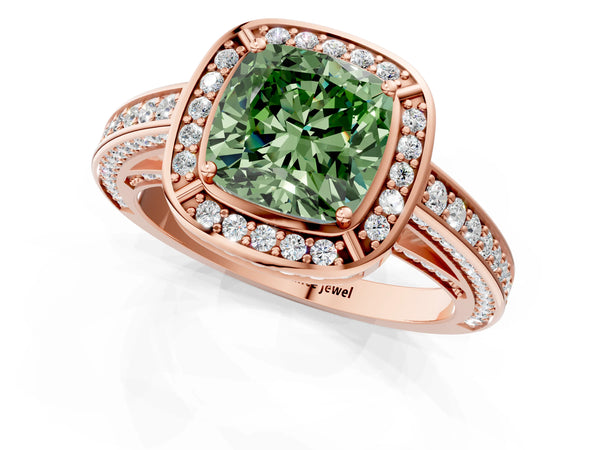 Rose gold Fancy Green Cushion  Cut Halo Pave Split Shank Prong Setting Ring