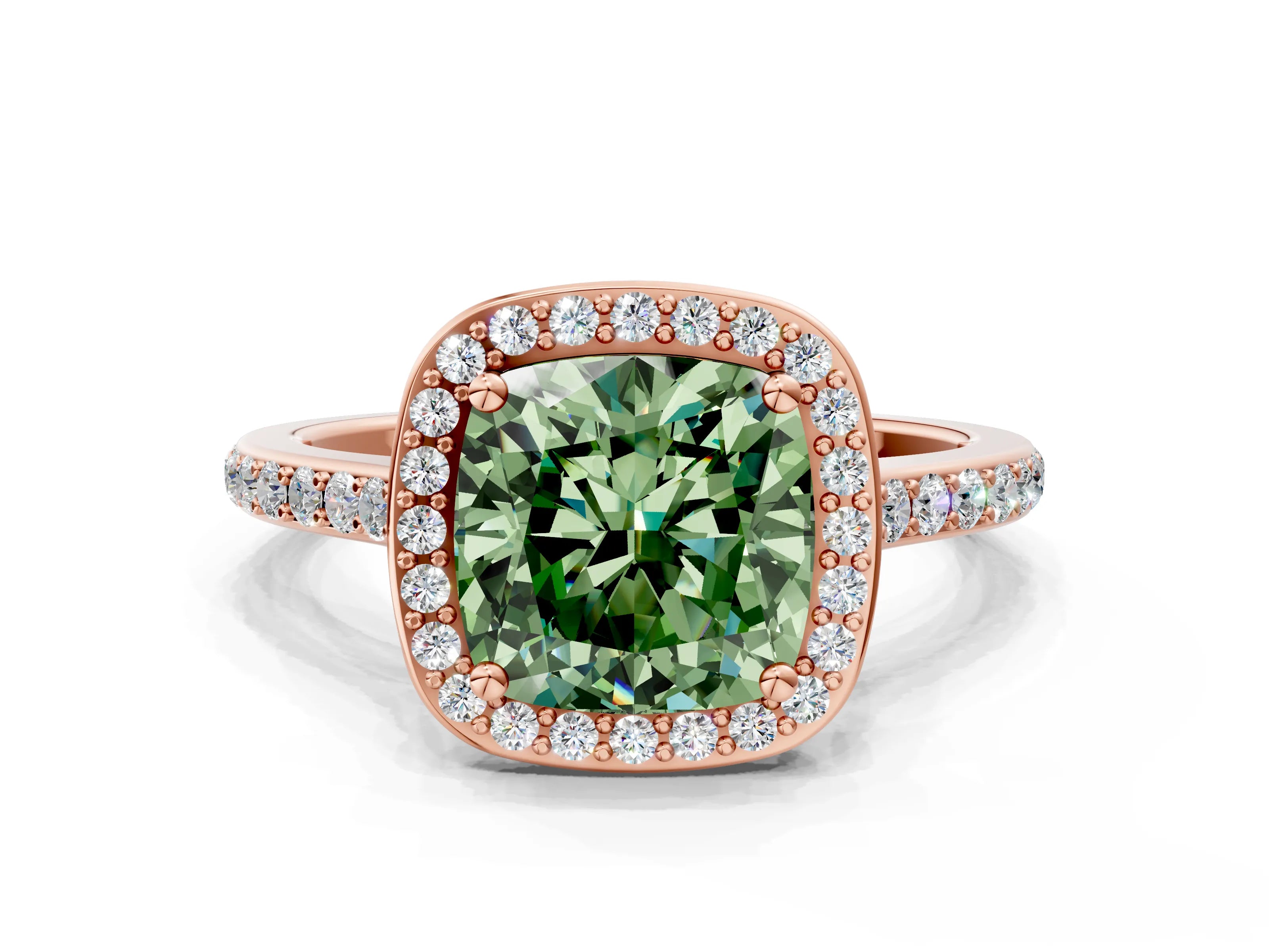 Rose gold Fancy Green Cushion Cut Halo Round Diamond Pavé Band with Four-Prong Setting_3
