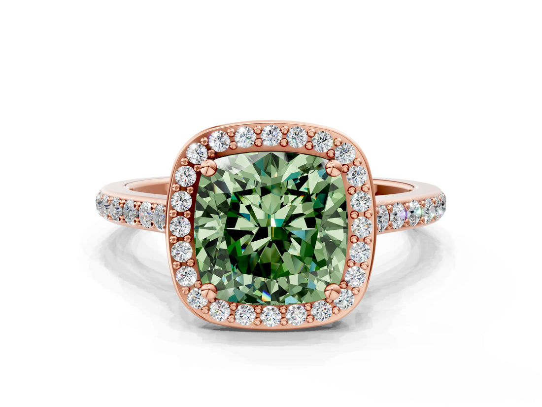 Rose gold Fancy Green Cushion Cut Halo Round Diamond Pavé Band with Four-Prong Setting_3