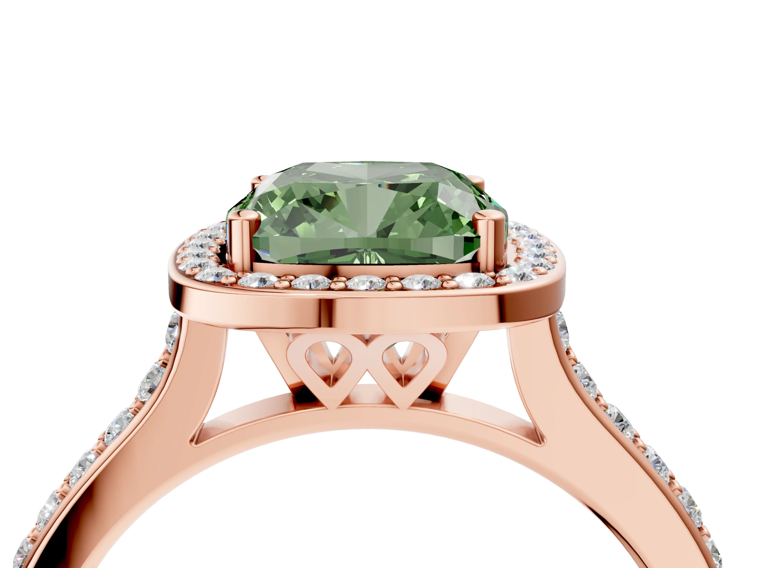 Rose gold Fancy Green Cushion Cut Halo Round Diamond Pavé Band with Four-Prong Setting_7