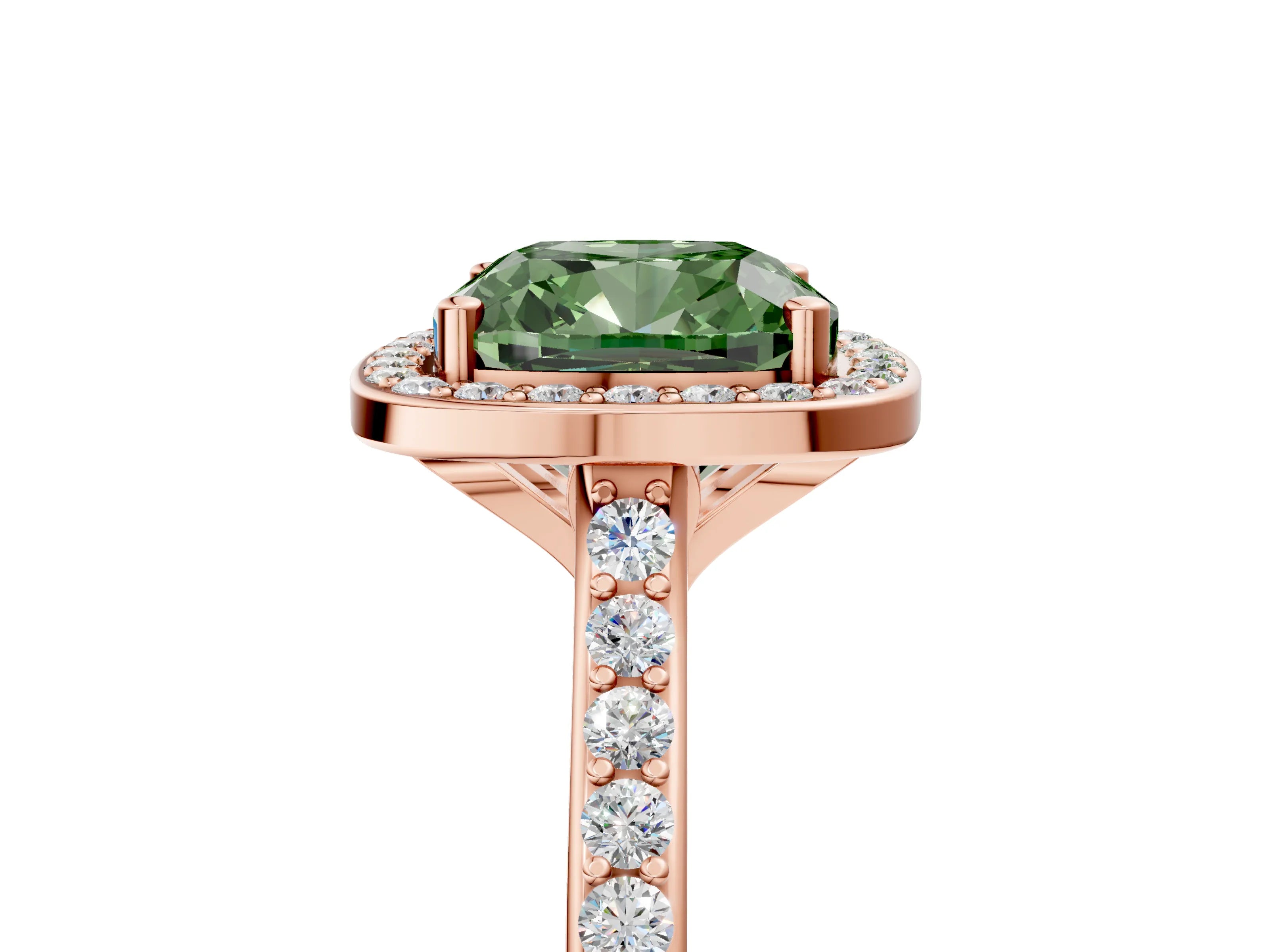 Rose gold Fancy Green Cushion Cut Halo Round Diamond Pavé Band with Four-Prong Setting_8
