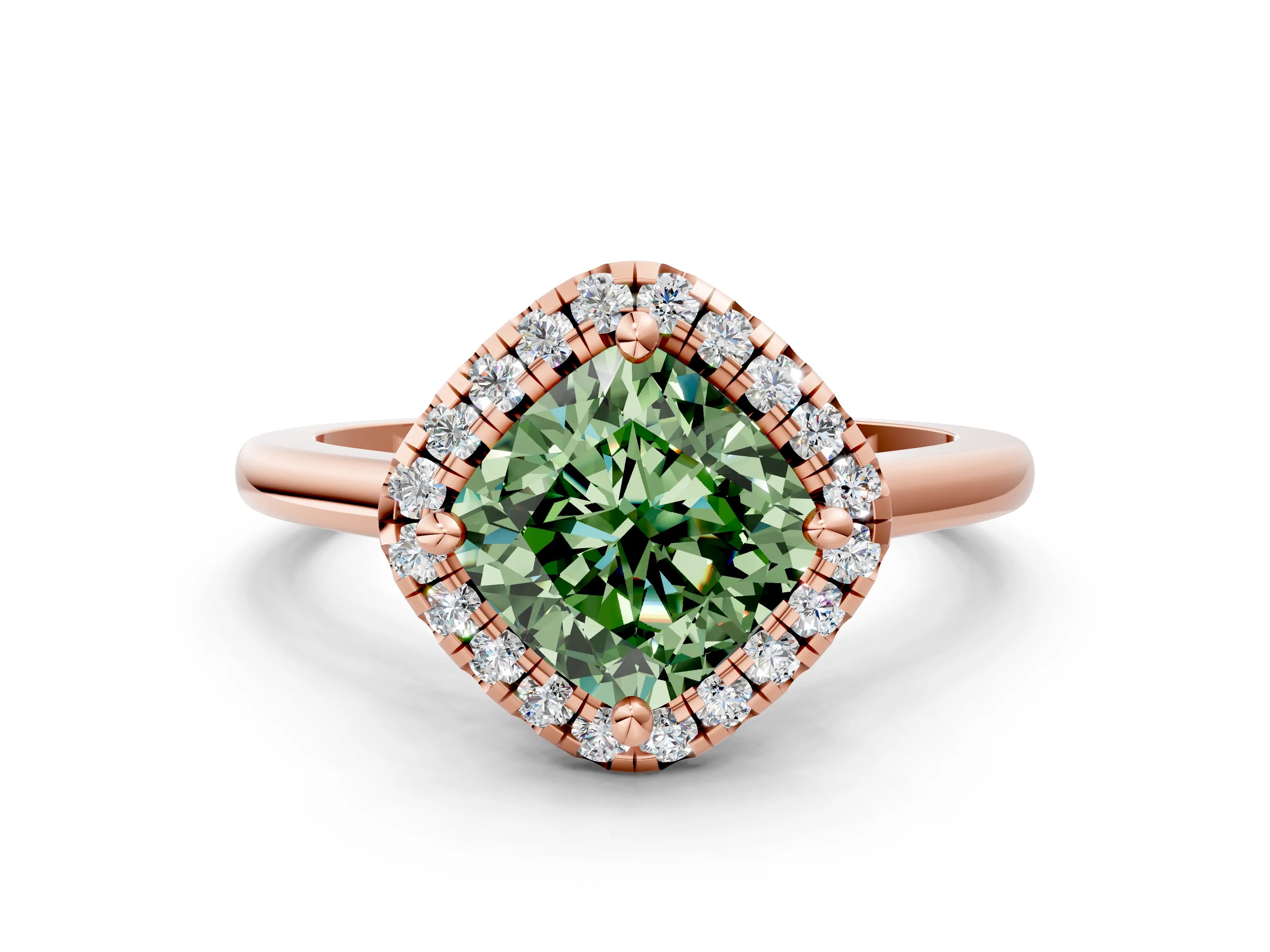 Rose gold Fancy Green Cushion Cut Halo Round Diamond Solitaire Engagement Ring with Pave Band and Four-Prong Setting_12