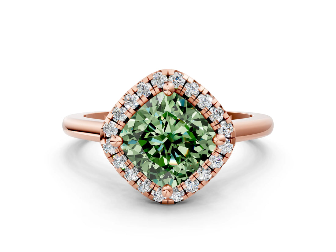 Rose gold Fancy Green Cushion Cut Halo Round Diamond Solitaire Engagement Ring with Pave Band and Four-Prong Setting_12
