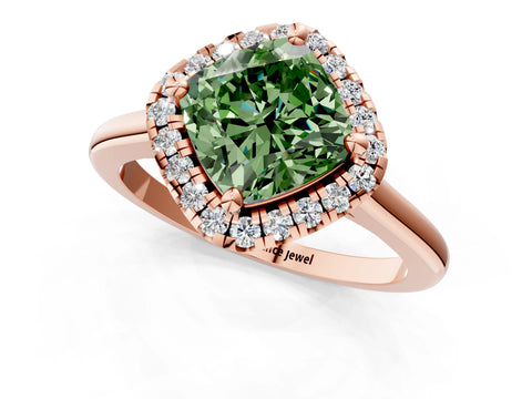 Rose gold Fancy Green Cushion Cut Halo Round Diamond Solitaire Engagement Ring with Pave Band and Four-Prong Setting_13
