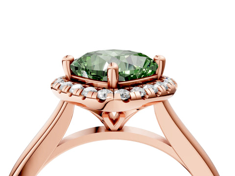 Rose gold Fancy Green Cushion Cut Halo Round Diamond Solitaire Engagement Ring with Pave Band and Four-Prong Setting_16