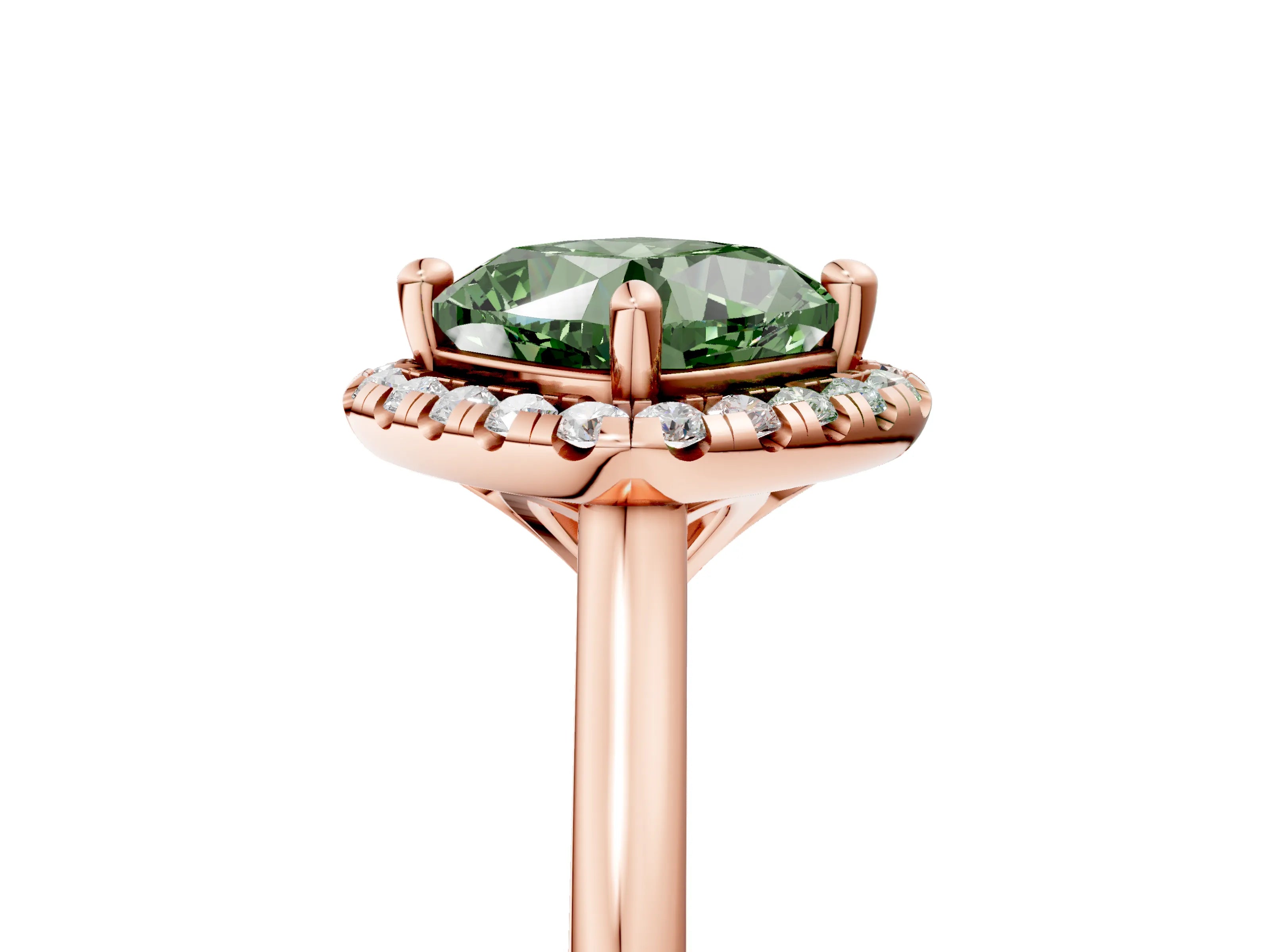 Rose gold Fancy Green Cushion Cut Halo Round Diamond Solitaire Engagement Ring with Pave Band and Four-Prong Setting_17