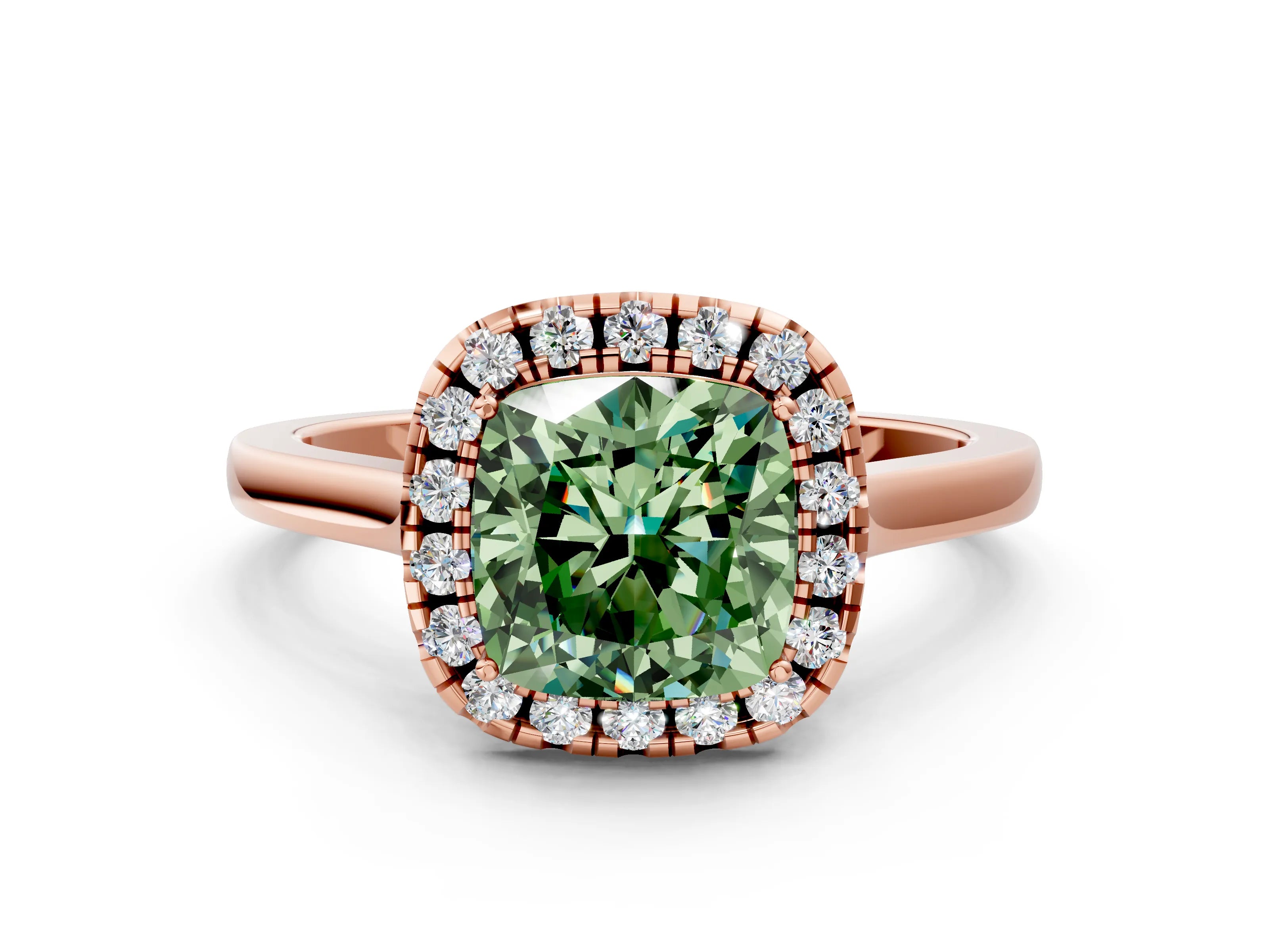 Rose gold Fancy Green Cushion Cut Halo Round Diamond Solitaire Ring with Pavé Band and Four-Prong Setting_12
