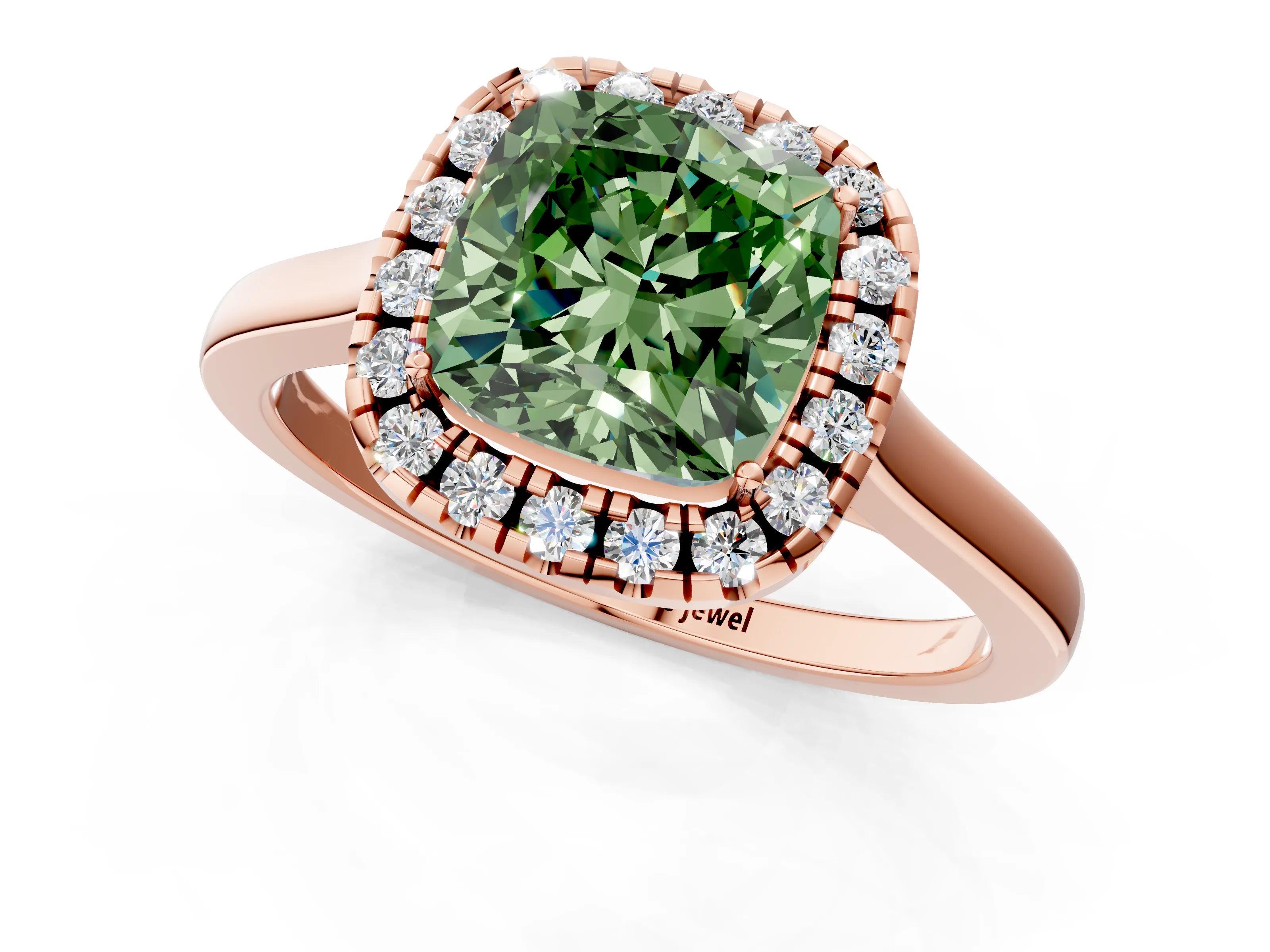 Rose gold Fancy Green Cushion Cut Halo Round Diamond Solitaire Ring with Pavé Band and Four-Prong Setting_13