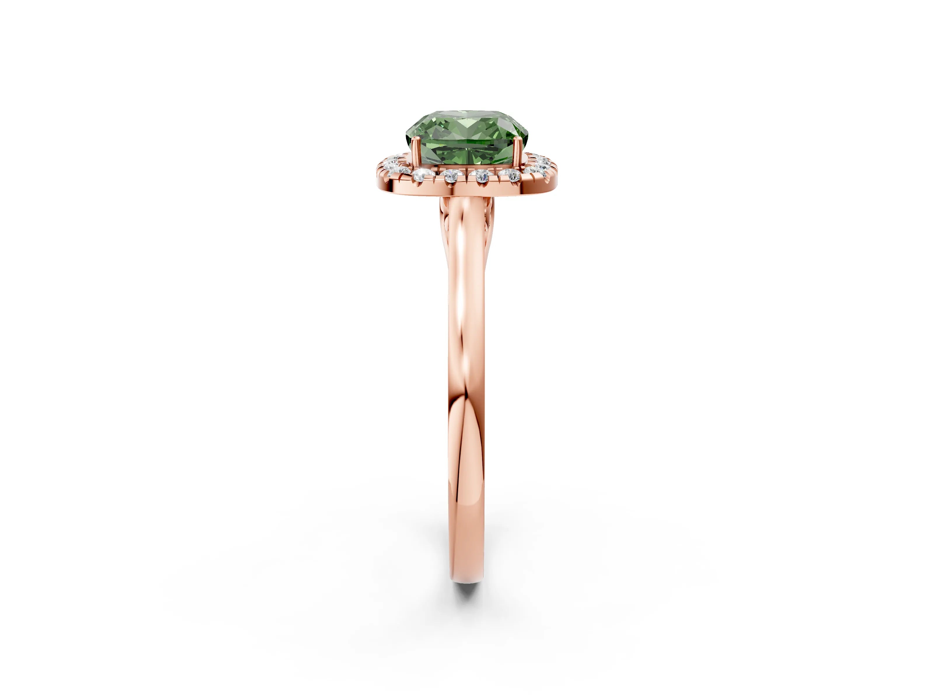 Rose gold Fancy Green Cushion Cut Halo Round Diamond Solitaire Ring with Pavé Band and Four-Prong Setting_14