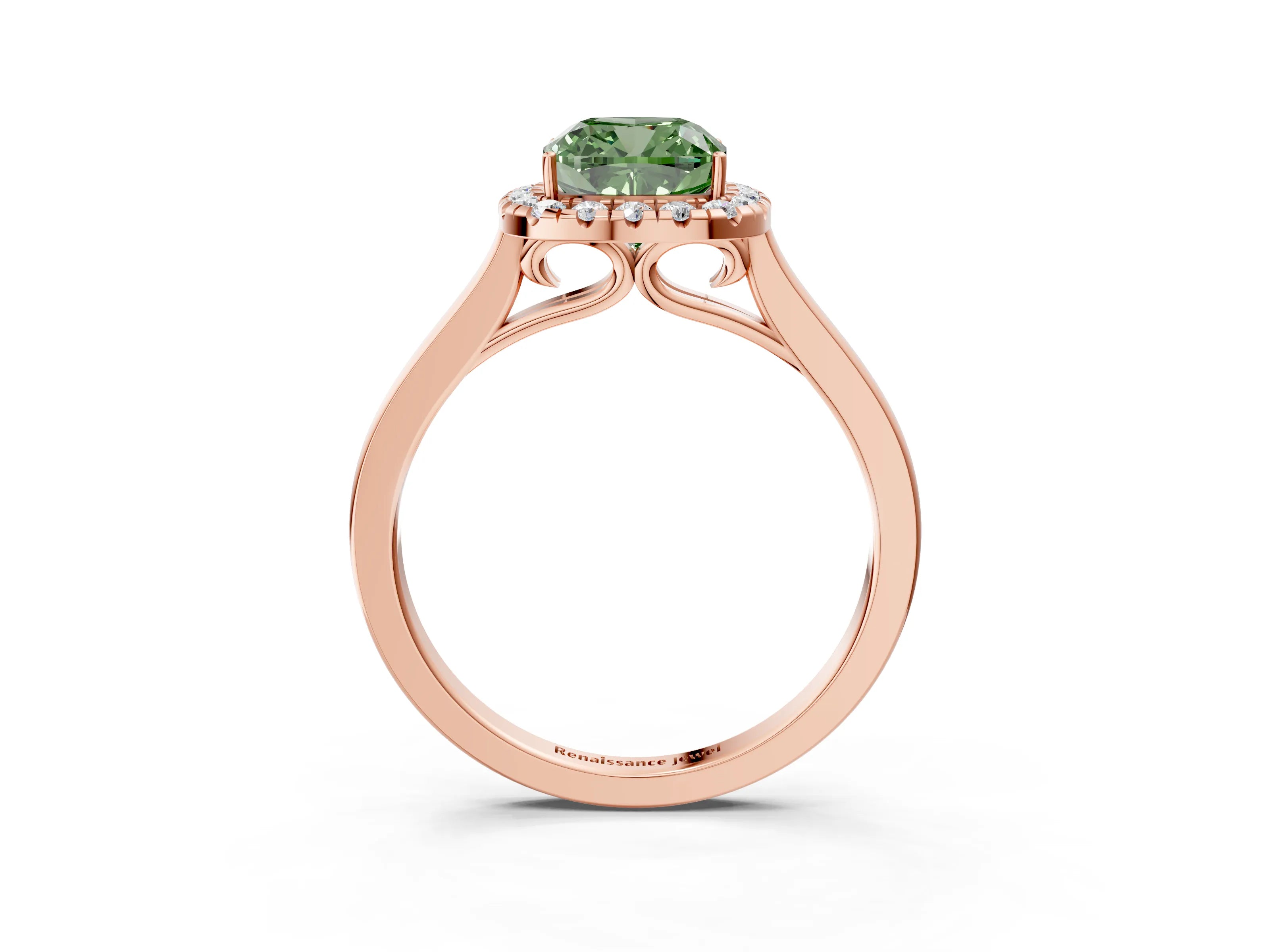 Rose gold Fancy Green Cushion Cut Halo Round Diamond Solitaire Ring with Pavé Band and Four-Prong Setting_15