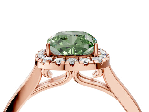Rose gold Fancy Green Cushion Cut Halo Round Diamond Solitaire Ring with Pavé Band and Four-Prong Setting_16