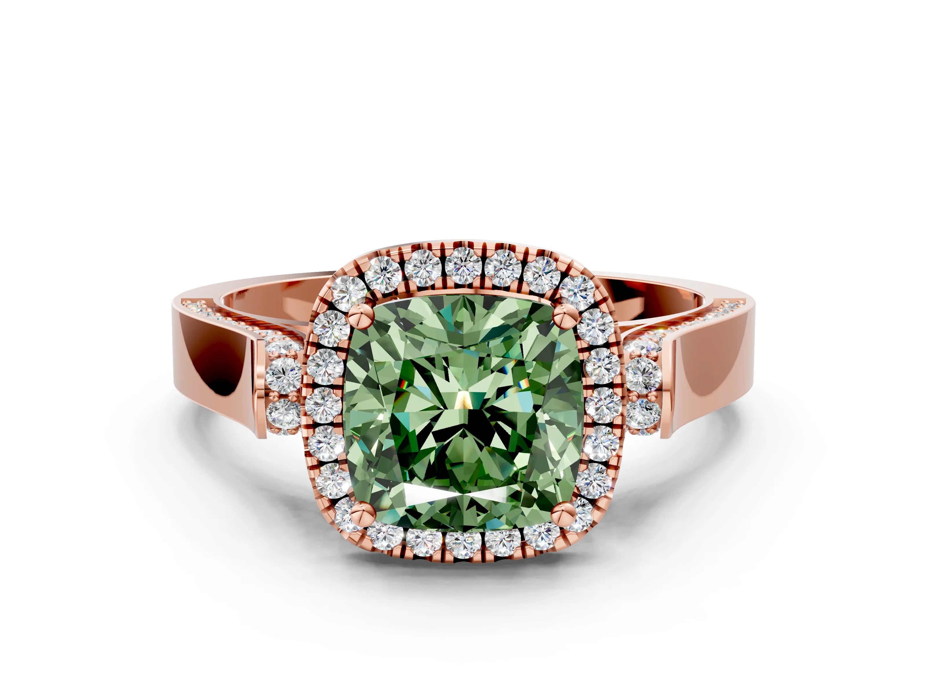 Rose gold Fancy Green Cushion Cut Halo Round Diamond Twist Band with Four-Prong Setting