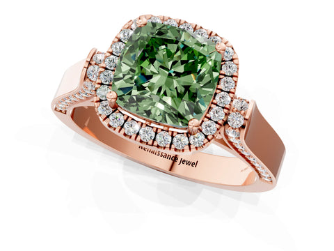 Rose gold Fancy Green Cushion Cut Halo Round Diamond Twist Band with Four-Prong Setting_1