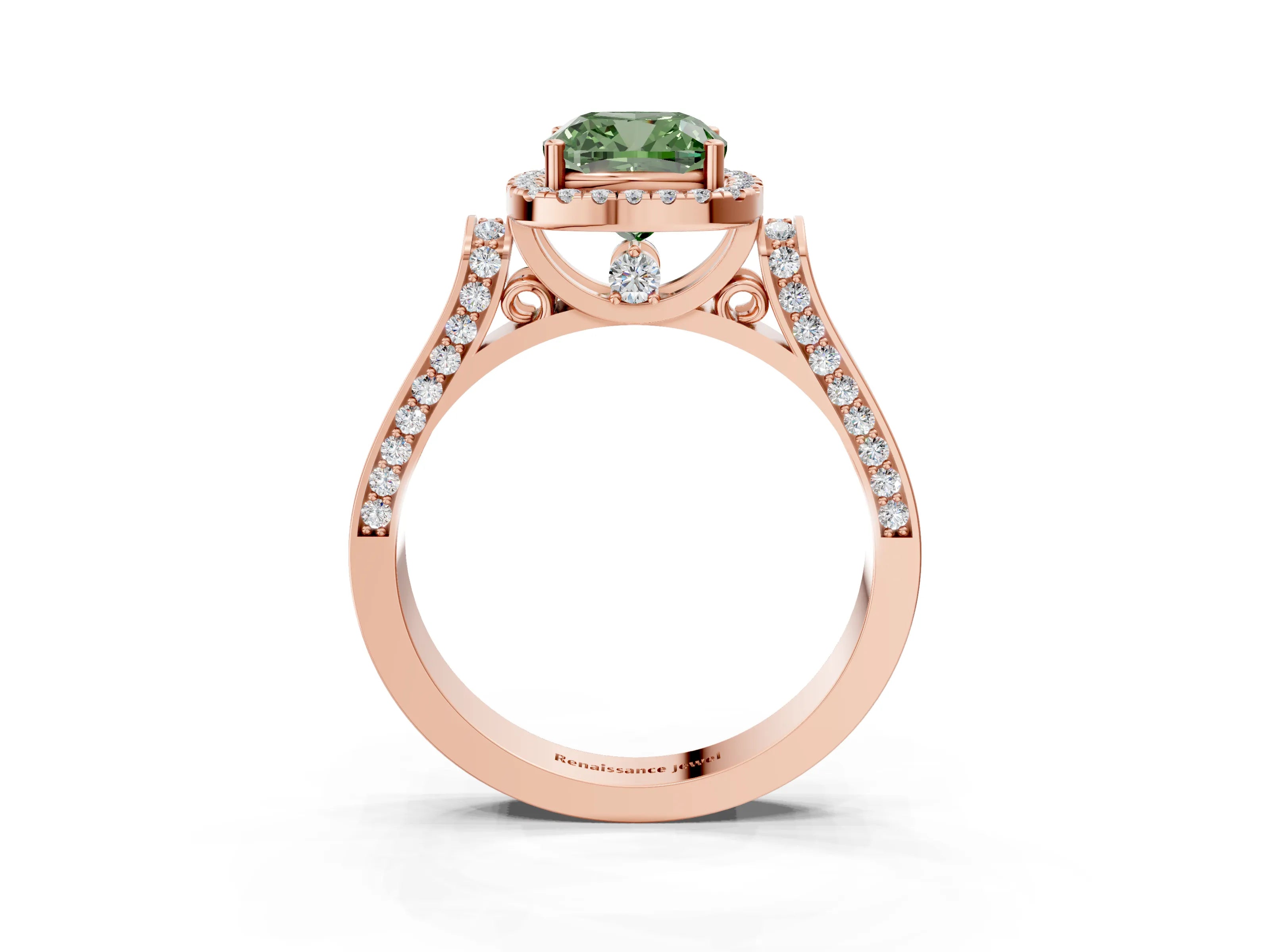 Rose gold Fancy Green Cushion Cut Halo Round Diamond Twist Band with Four-Prong Setting_3