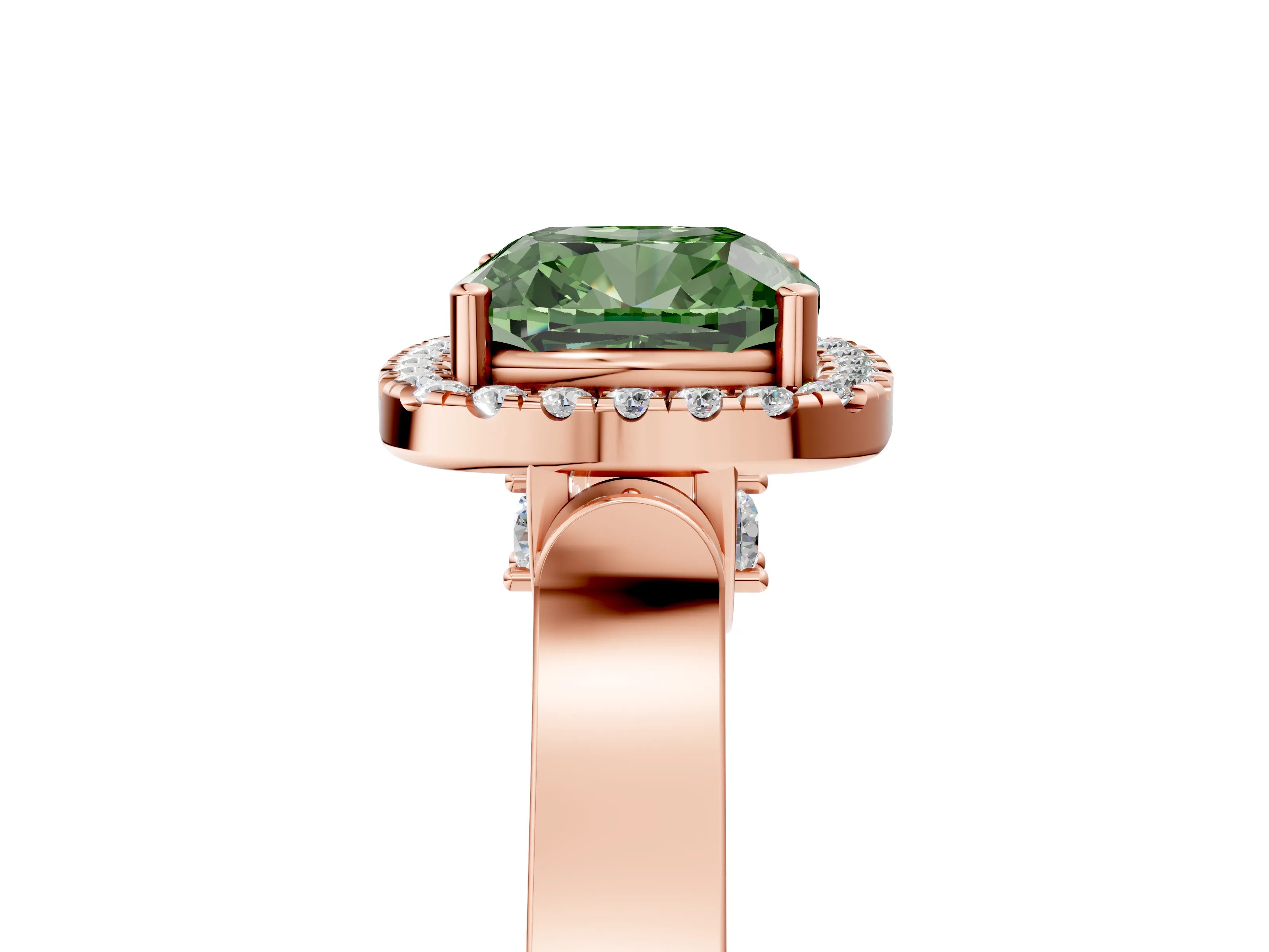 Rose gold Fancy Green Cushion Cut Halo Round Diamond Twist Band with Four-Prong Setting_5