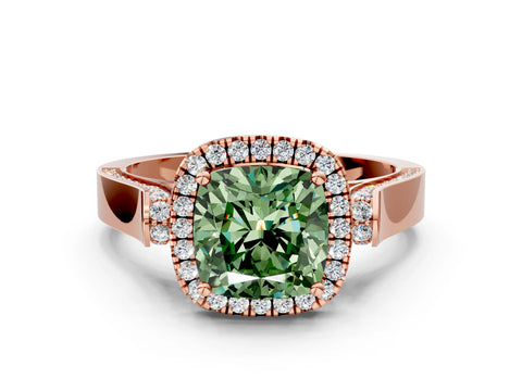 Rose gold Fancy Green Cushion Cut Halo Round Diamond Twist Band with Four-Prong Setting