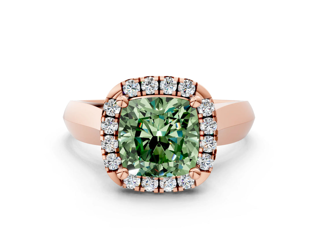 Rose gold Fancy Green Cushion  Cut Halo Solitaire Engagement Ring with Square Band and Four-Prong Setting_114