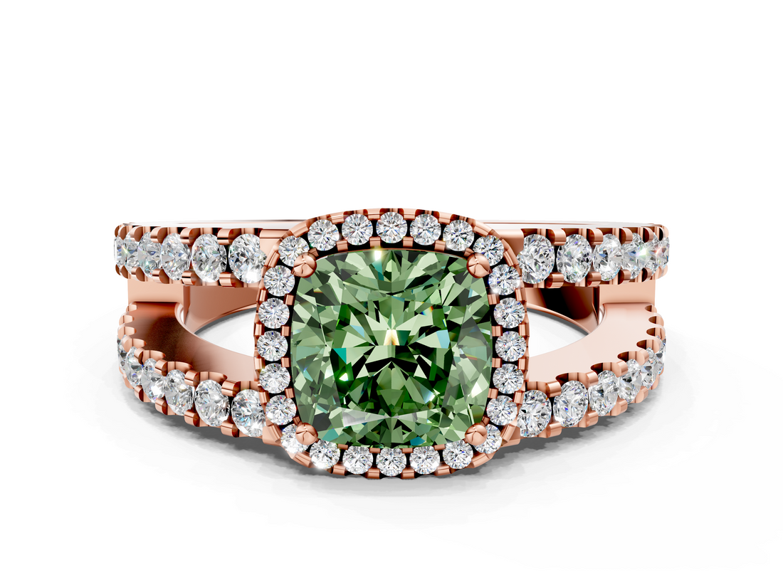 Rose gold Fancy Green Cushion  Cut Halo Split Shank Diamond Ring with Four-Prong Setting_45