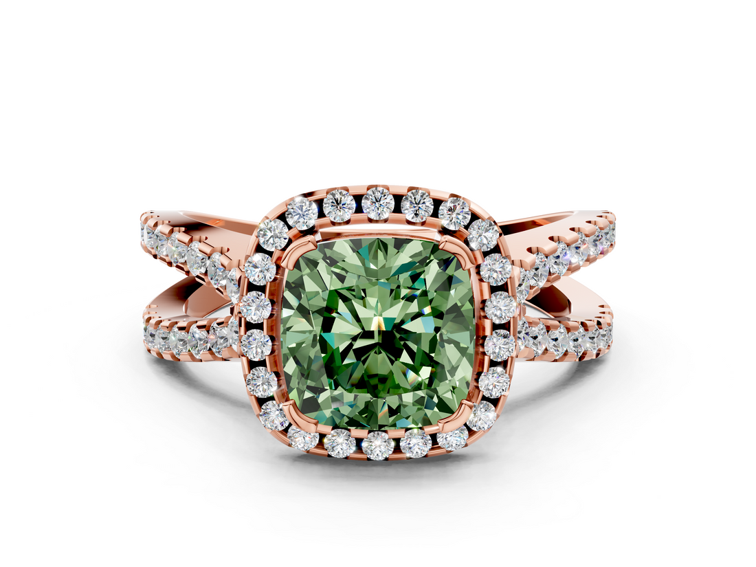 Rose gold Fancy Green Cushion  Cut Halo Split Shank Pave Set Ring_62