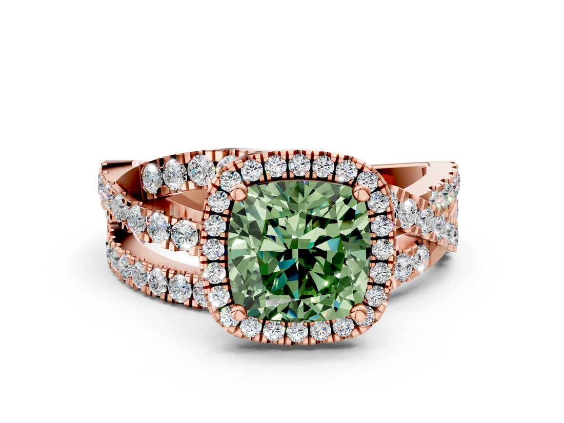 Rose gold Fancy Green Cushion  Cut Halo Split Shank Prong Setting Ring_12