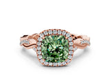 Rose gold Fancy Green Cushion Cut Halo Twist Band with Four-Prong Setting