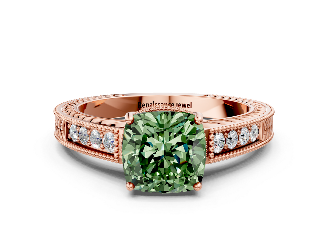 Rose gold Fancy Green Cushion  Cut Milgrain Channel Set Engagement Ring with Solitaire Prong Setting_76