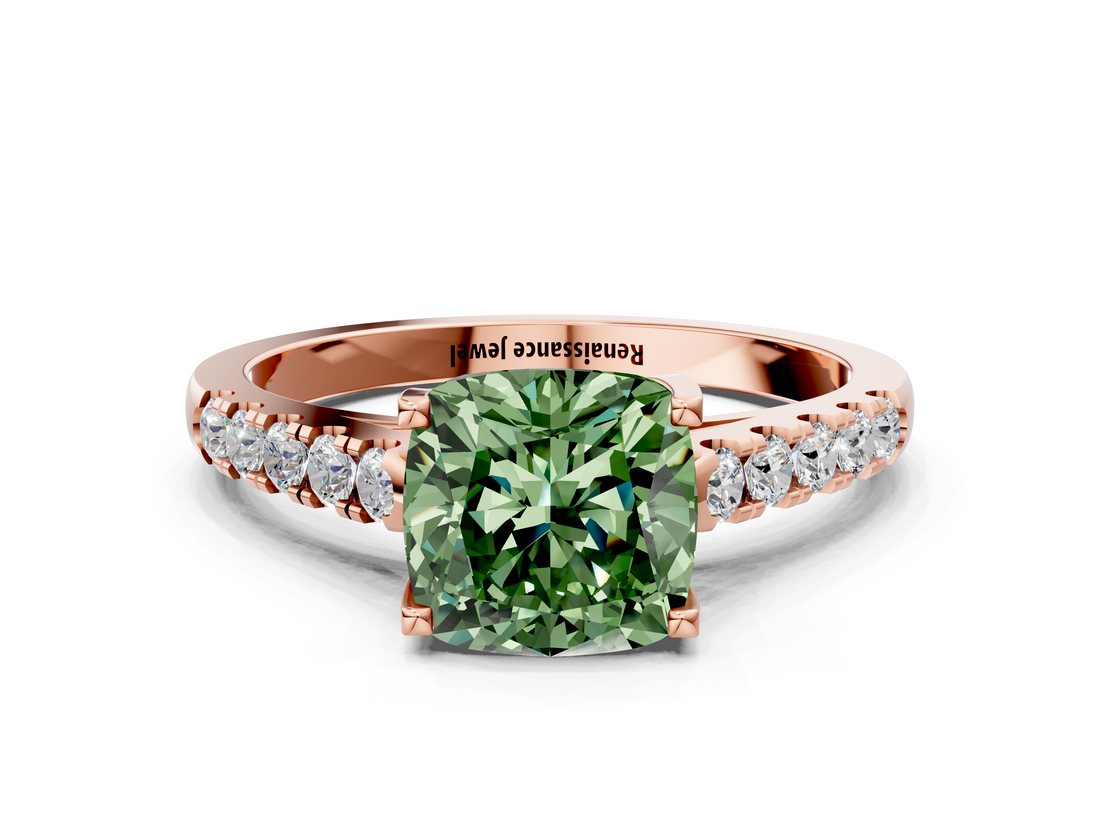 Rose gold Fancy Green Cushion  Cut Pavé Band Solitaire Ring with Four-Prong Setting_40