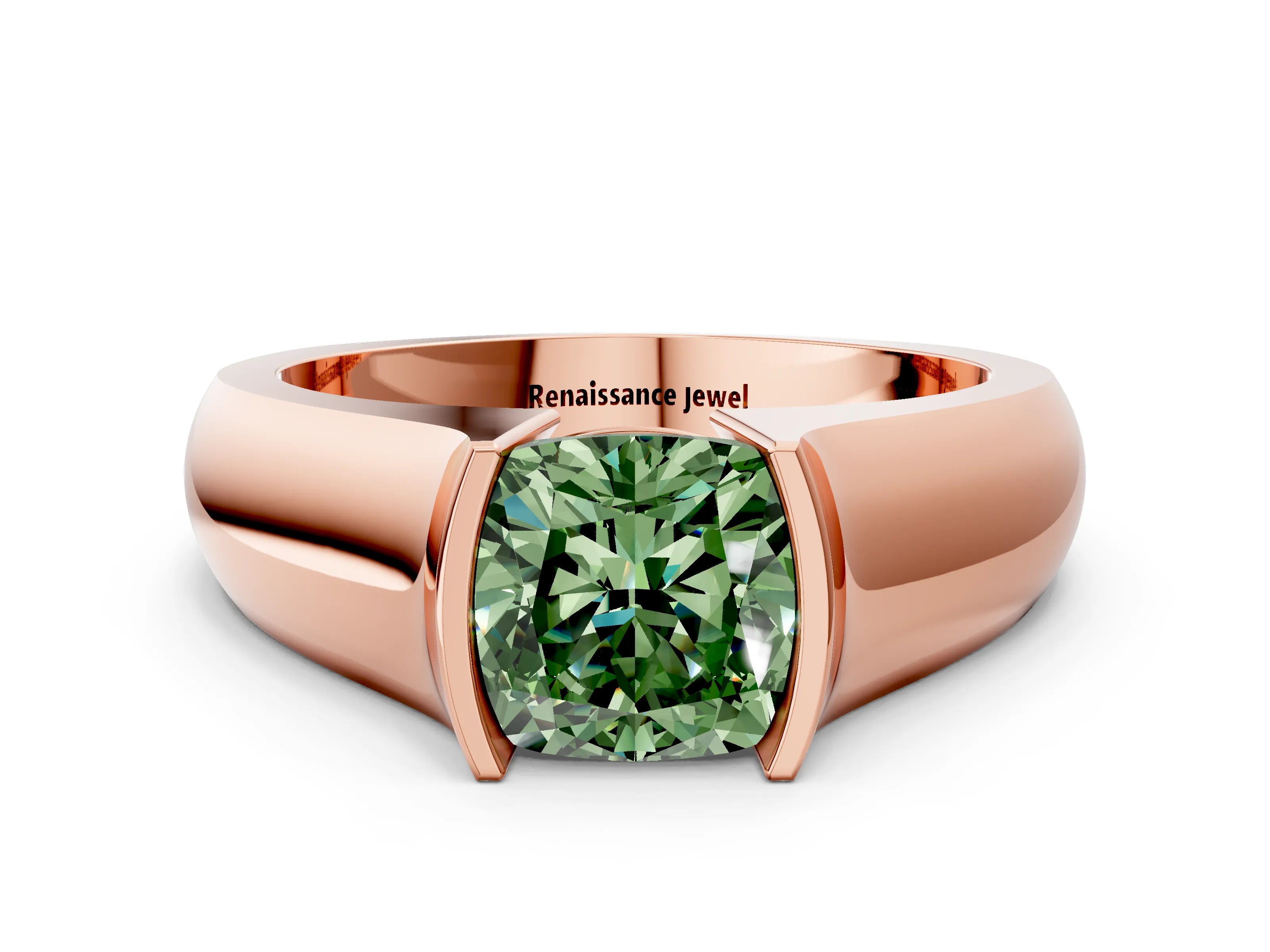 Rose gold Fancy Green Cushion Cut Solitaire Bezel Set Diamond Ring with Wide Band