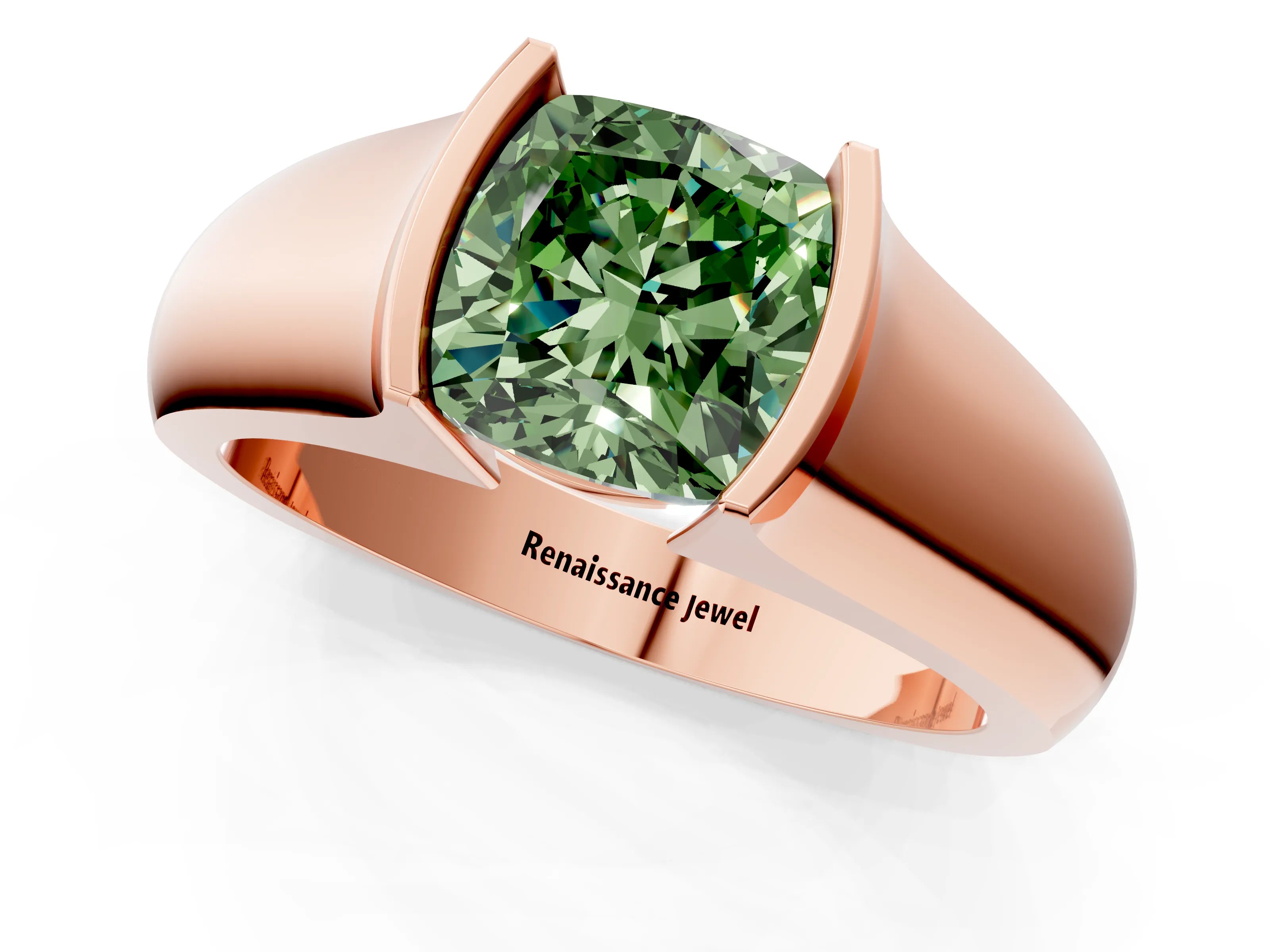 Rose gold Fancy Green Cushion Cut Solitaire Bezel Set Diamond Ring with Wide Band_1