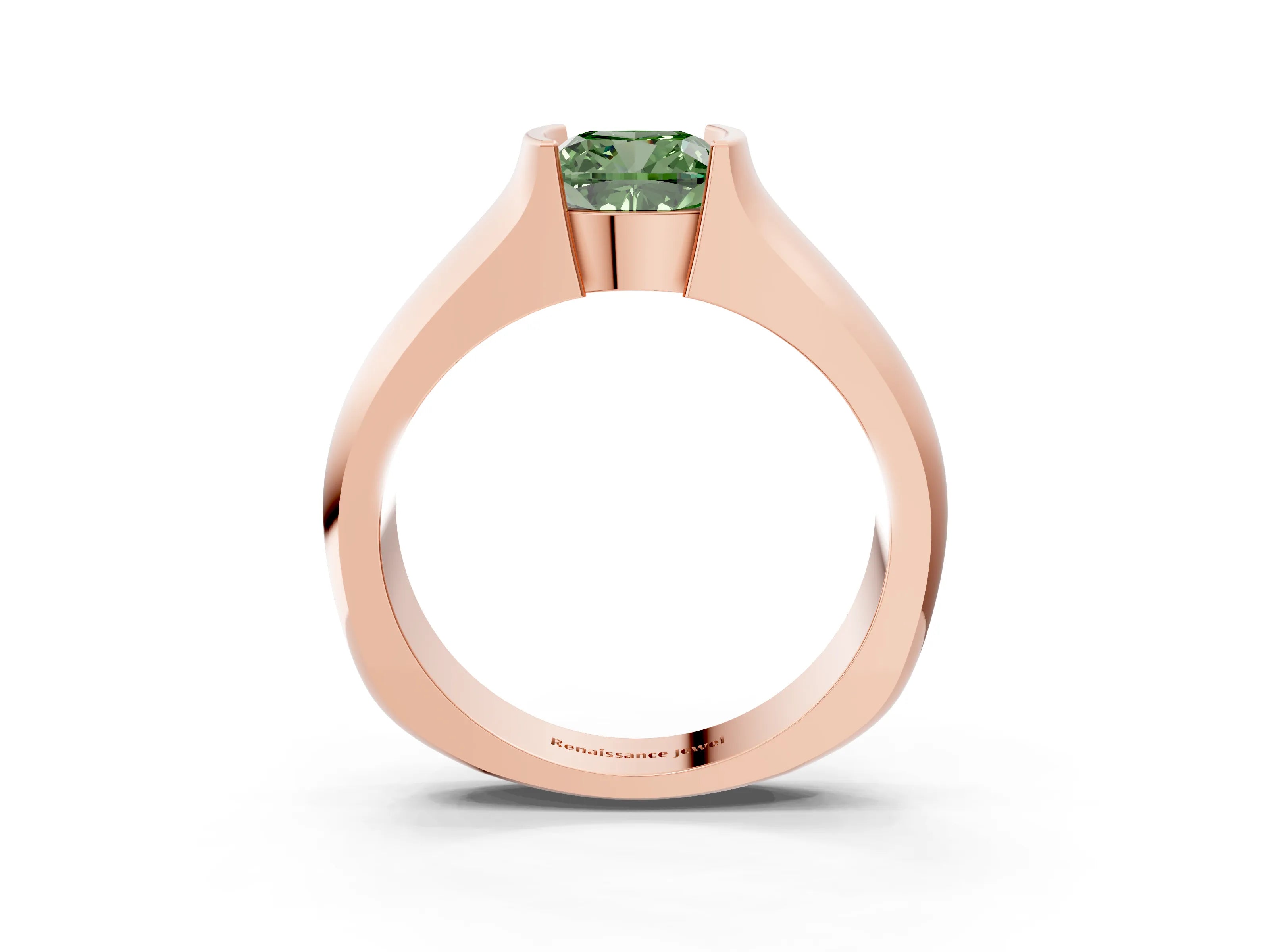 Rose gold Fancy Green Cushion Cut Solitaire Bezel Set Diamond Ring with Wide Band_3