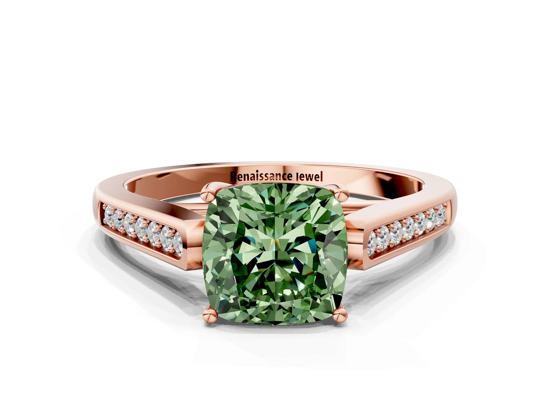 Rose gold Fancy Green Cushion Cut Solitaire Cathedral Diamond Engagement Ring with Channel-Set Band and Four-Prong Setting_3
