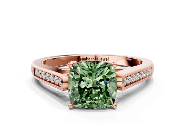Rose gold Fancy Green Cushion Cut Solitaire Cathedral Diamond Engagement Ring with Channel-Set Band and Four-Prong Setting
