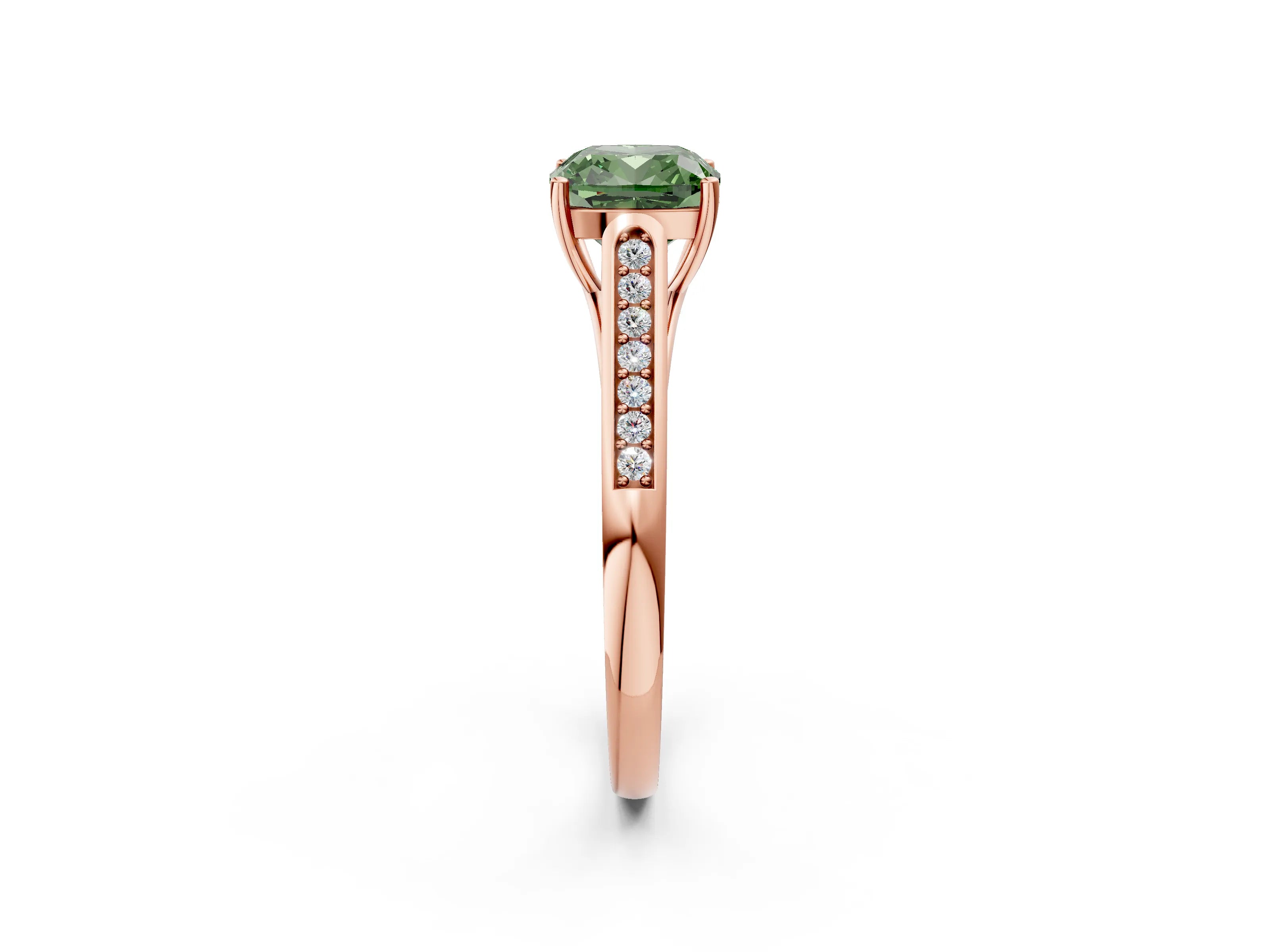 Rose gold Fancy Green Cushion Cut Solitaire Cathedral Diamond Engagement Ring with Channel-Set Band and Four-Prong Setting_5