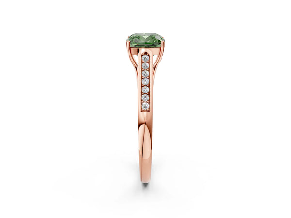 Rose gold Fancy Green Cushion Cut Solitaire Cathedral Diamond Engagement Ring with Channel-Set Band and Four-Prong Setting