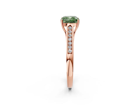 Rose gold Fancy Green Cushion Cut Solitaire Cathedral Diamond Engagement Ring with Channel-Set Band and Four-Prong Setting_5