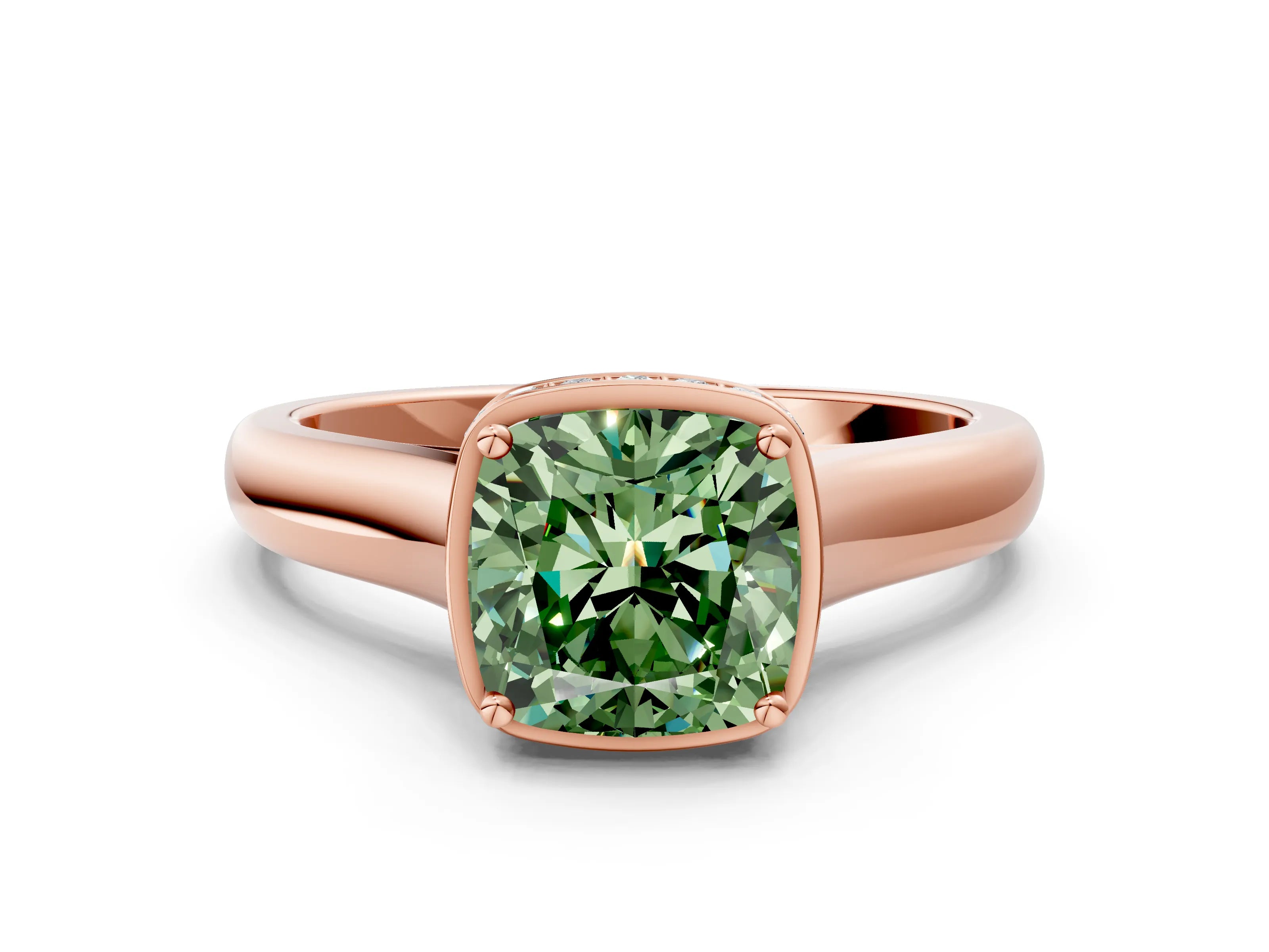 Rose gold Fancy Green Cushion Cut Solitaire Diamond Engagement Ring with Four-Prong Setting and Tapered Band