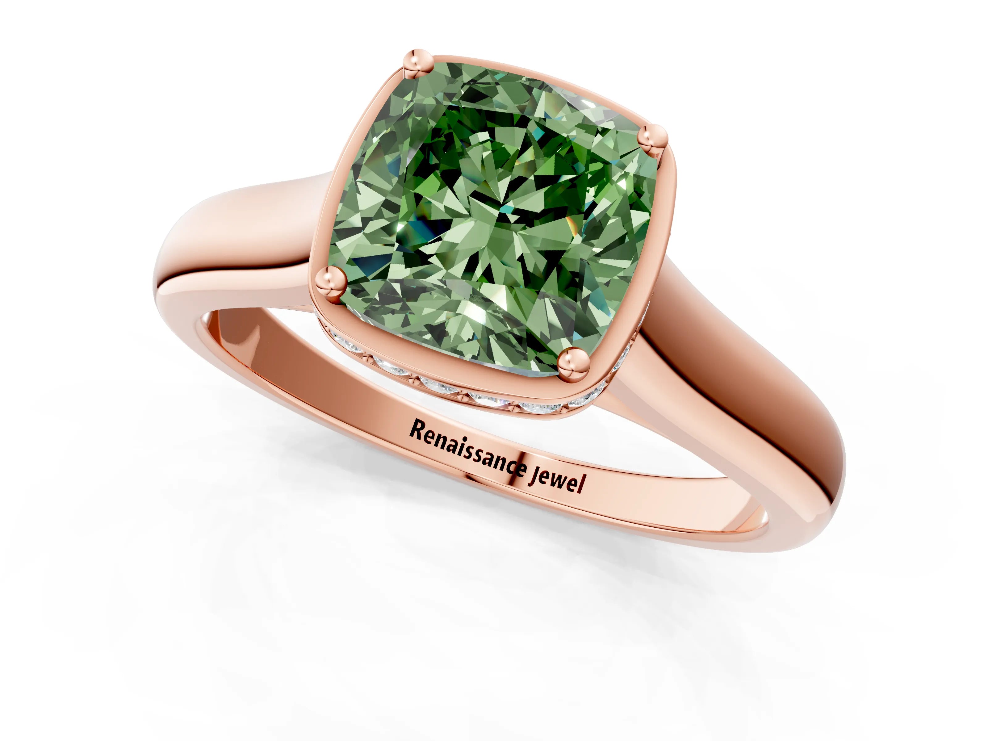 Rose gold Fancy Green Cushion Cut Solitaire Diamond Engagement Ring with Four-Prong Setting and Tapered Band_1