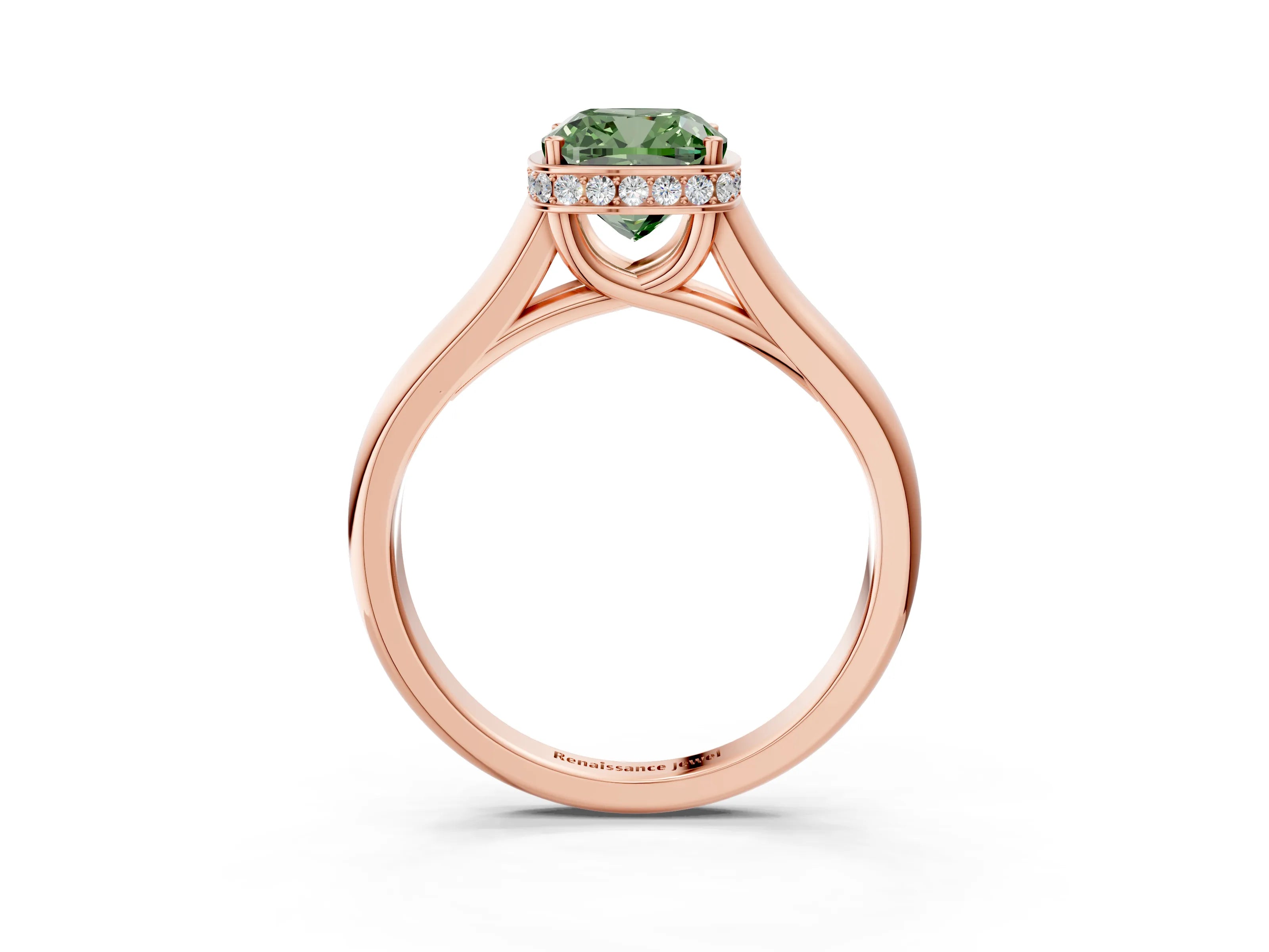 Rose gold Fancy Green Cushion Cut Solitaire Diamond Engagement Ring with Four-Prong Setting and Tapered Band_3