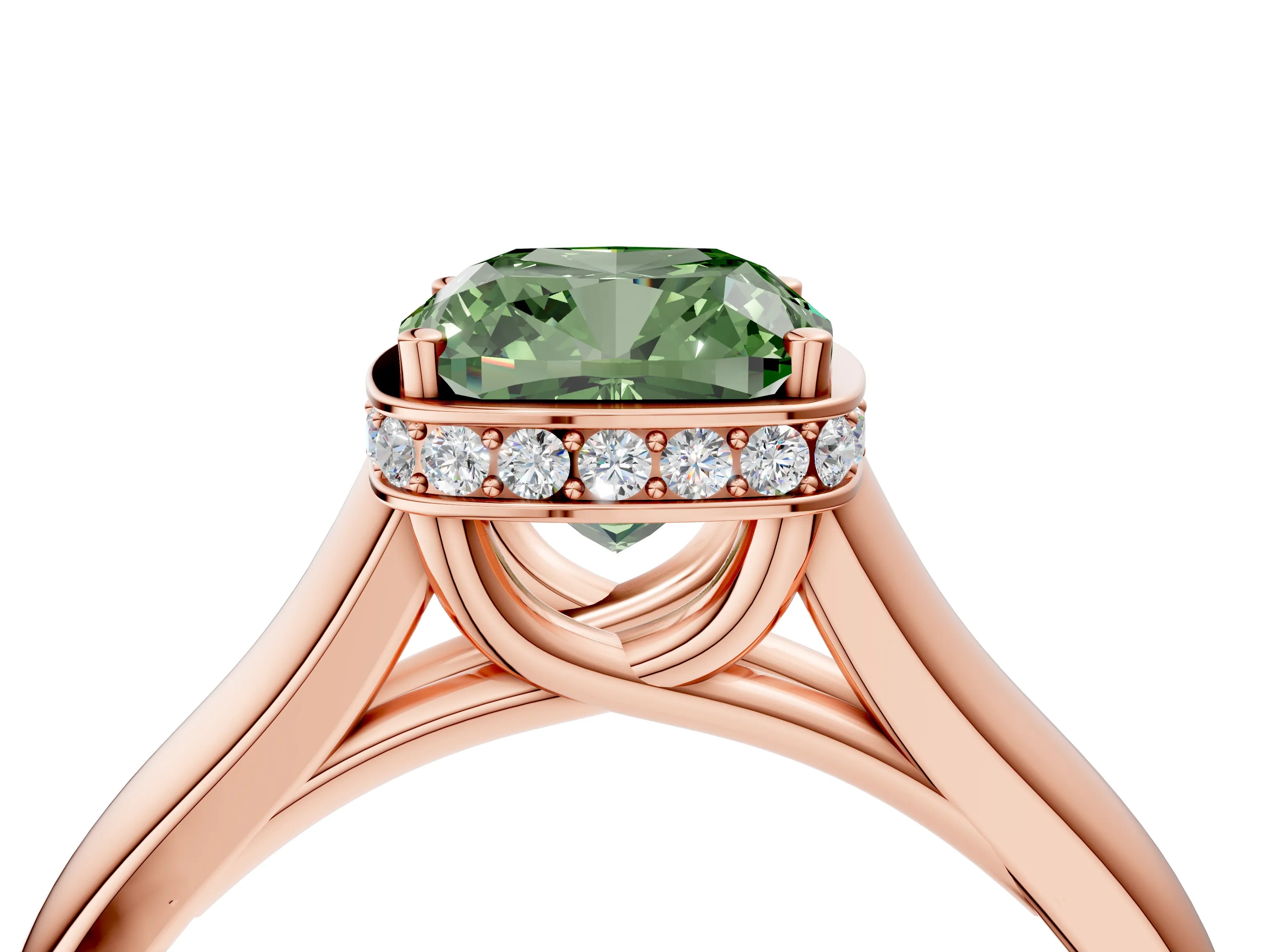 Rose gold Fancy Green Cushion Cut Solitaire Diamond Engagement Ring with Four-Prong Setting and Tapered Band_4