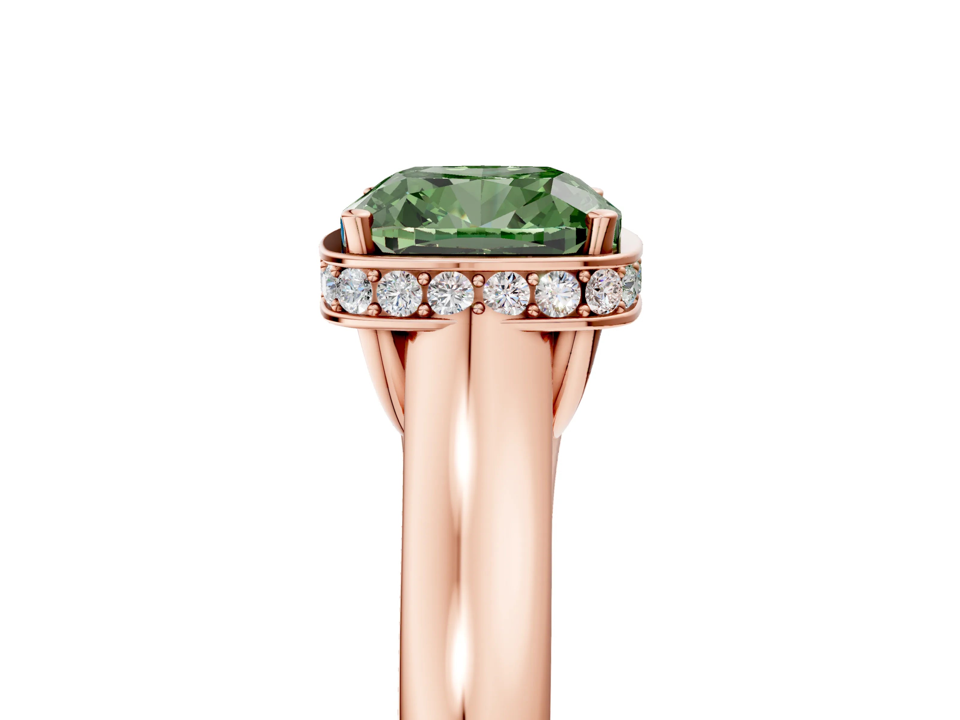 Rose gold Fancy Green Cushion Cut Solitaire Diamond Engagement Ring with Four-Prong Setting and Tapered Band_5