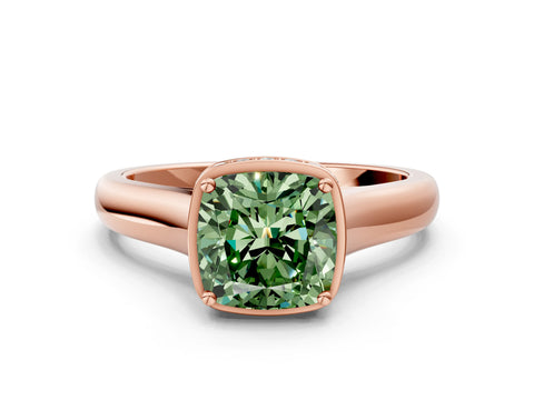 Rose gold Fancy Green Cushion Cut Solitaire Diamond Engagement Ring with Four-Prong Setting and Tapered Band