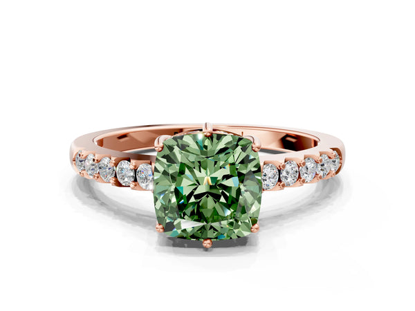 Rose gold Fancy Green Cushion Cut Solitaire Diamond Engagement Ring with Pavé Band and Six-Prong Setting