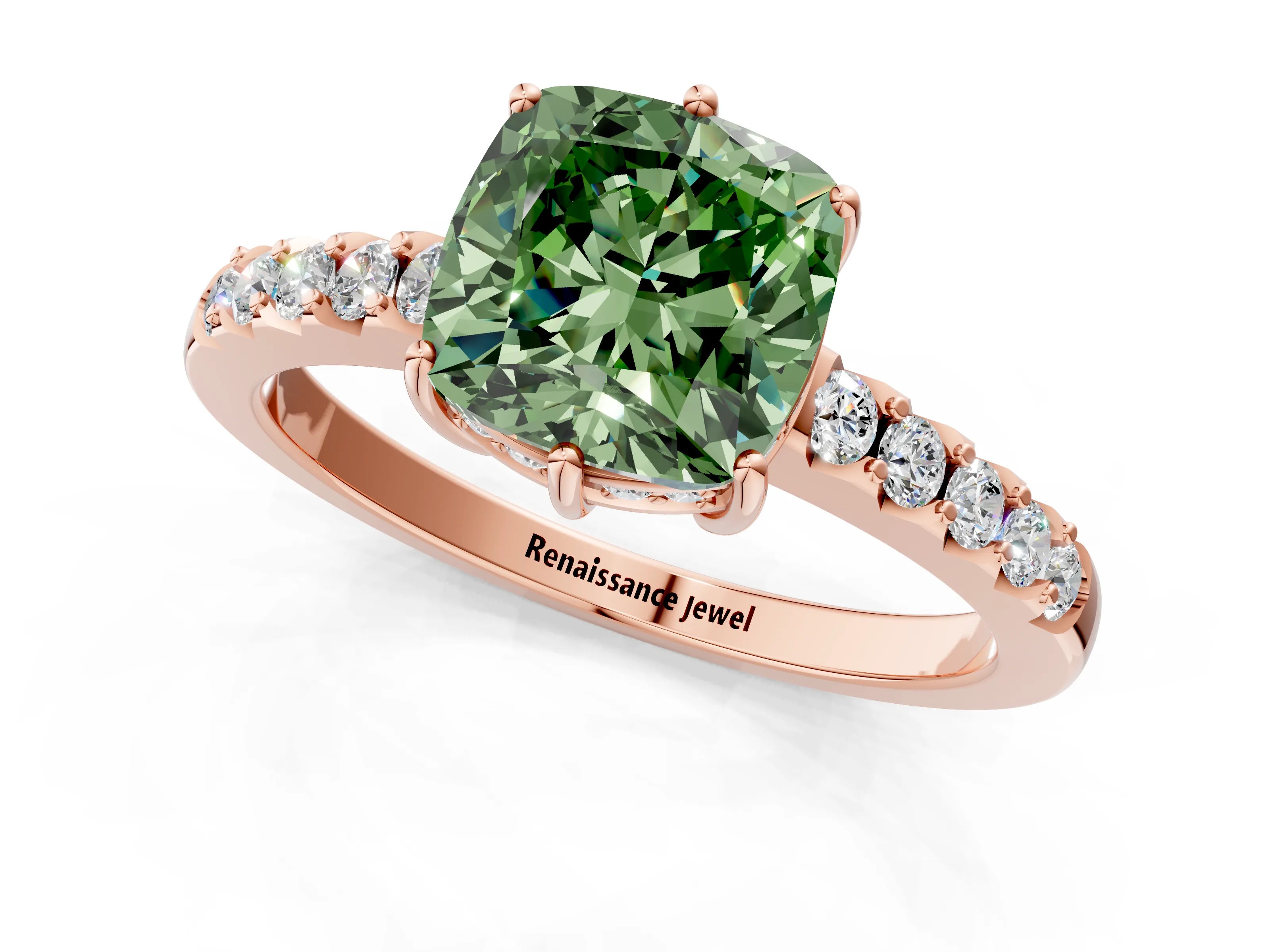 Rose gold Fancy Green Cushion Cut Solitaire Diamond Engagement Ring with Pavé Band and Six-Prong Setting_13