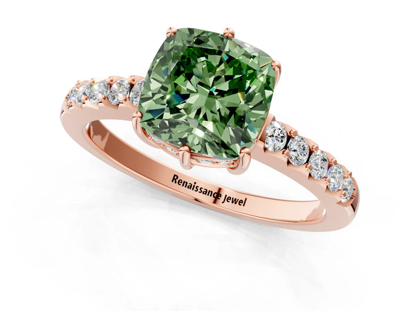 Rose gold Fancy Green Cushion Cut Solitaire Diamond Engagement Ring with Pavé Band and Six-Prong Setting
