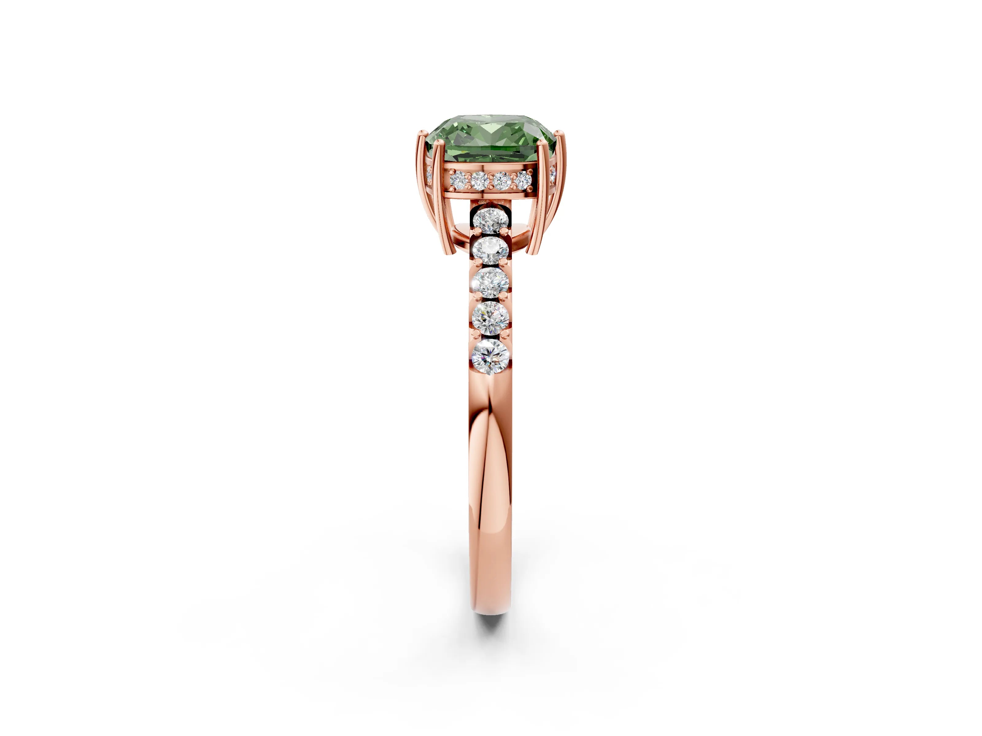 Rose gold Fancy Green Cushion Cut Solitaire Diamond Engagement Ring with Pavé Band and Six-Prong Setting_14