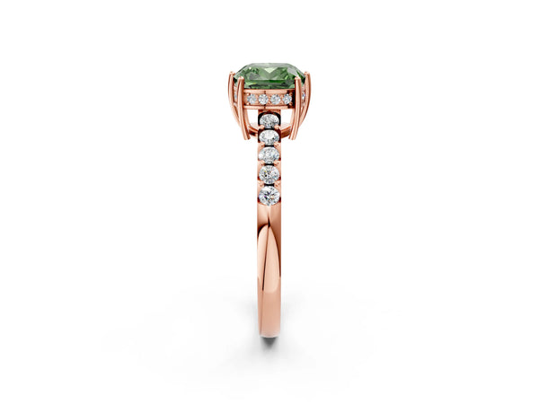 Rose gold Fancy Green Cushion Cut Solitaire Diamond Engagement Ring with Pavé Band and Six-Prong Setting