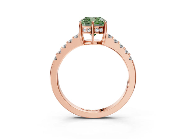 Rose gold Fancy Green Cushion Cut Solitaire Diamond Engagement Ring with Pavé Band and Six-Prong Setting