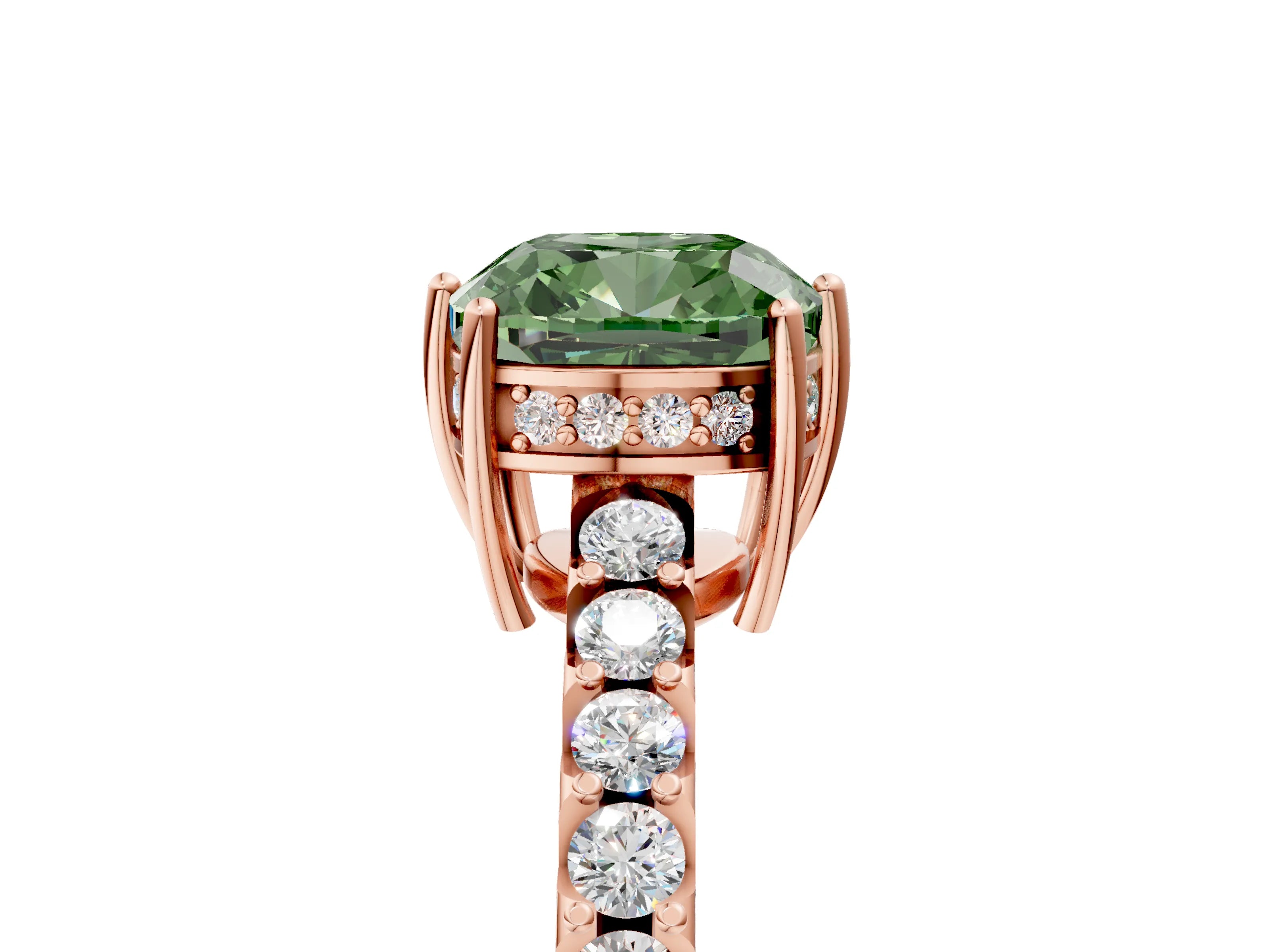 Rose gold Fancy Green Cushion Cut Solitaire Diamond Engagement Ring with Pavé Band and Six-Prong Setting_17