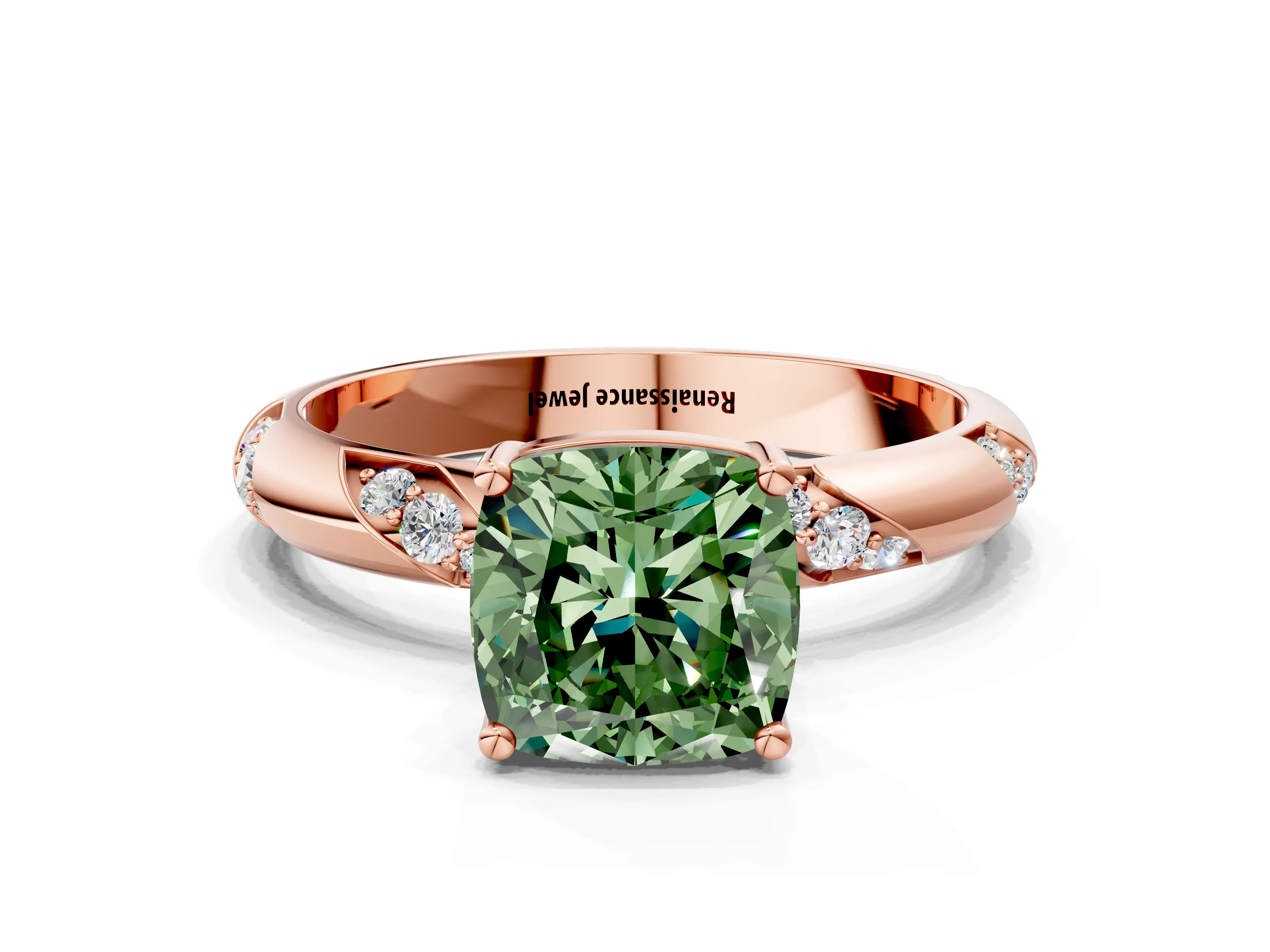 Rose gold Fancy Green Cushion Cut Solitaire Diamond Engagement Ring with Twisted Pave Band and Four-Prong Setting_3