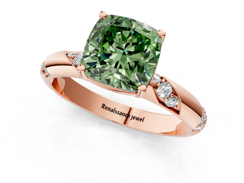 Rose gold Fancy Green Cushion Cut Solitaire Diamond Engagement Ring with Twisted Pave Band and Four-Prong Setting_4
